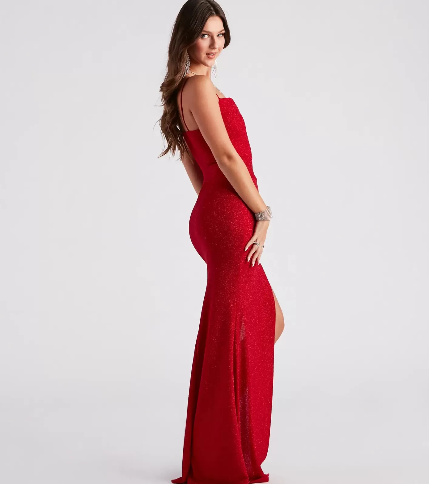 Windsor Trinity Formal High Slit Glitter Dress RED New