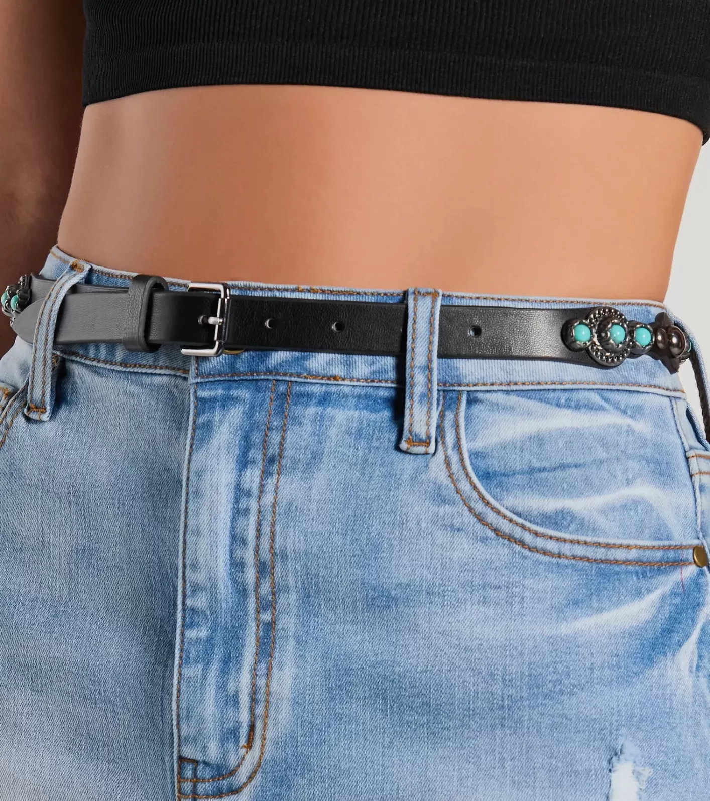 Windsor Trip To The West Stone Faux Leather Western Belt BLACK Hot