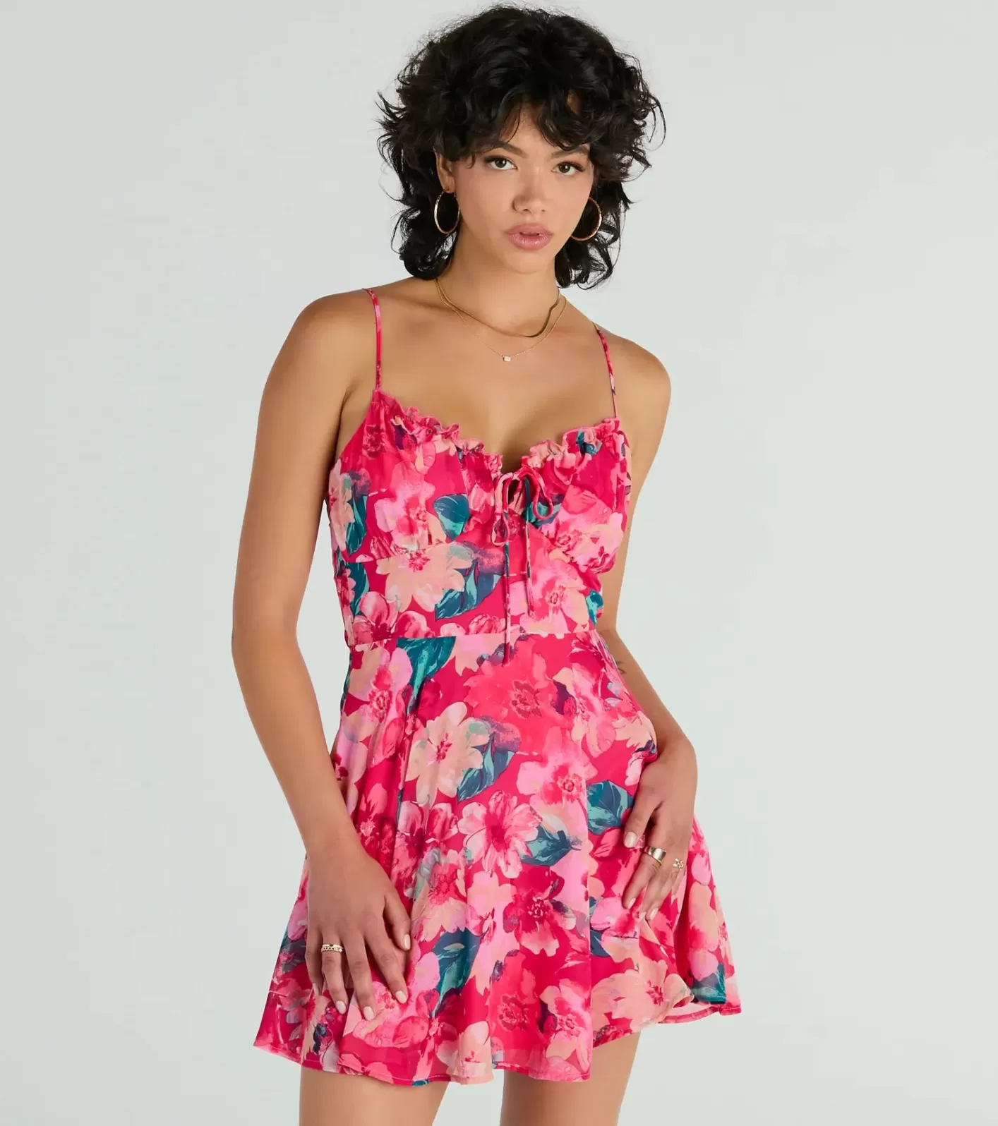 Windsor Tropical Blooms Floral Ruffle Chiffon Skater Dress PINK Discount