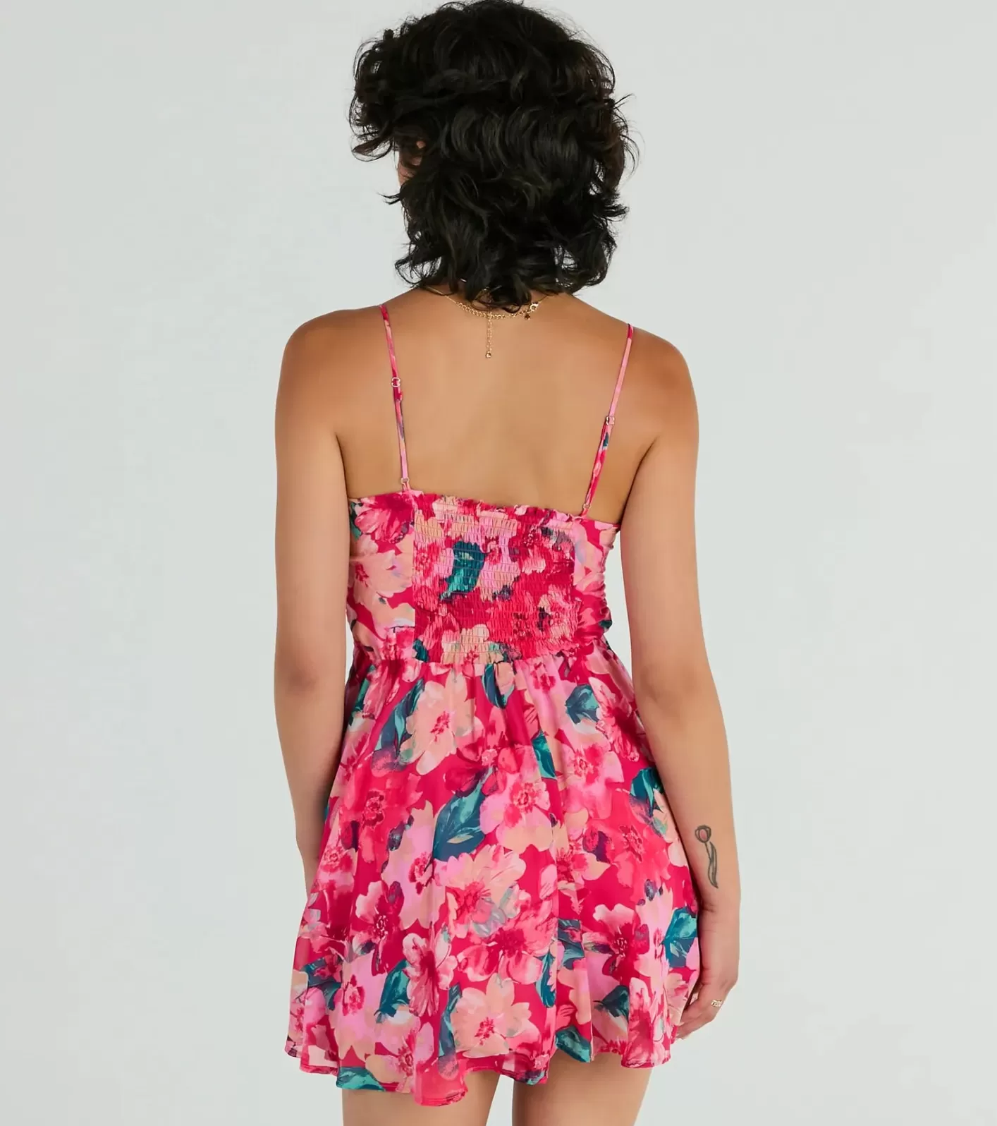 Windsor Tropical Blooms Floral Ruffle Chiffon Skater Dress PINK Discount