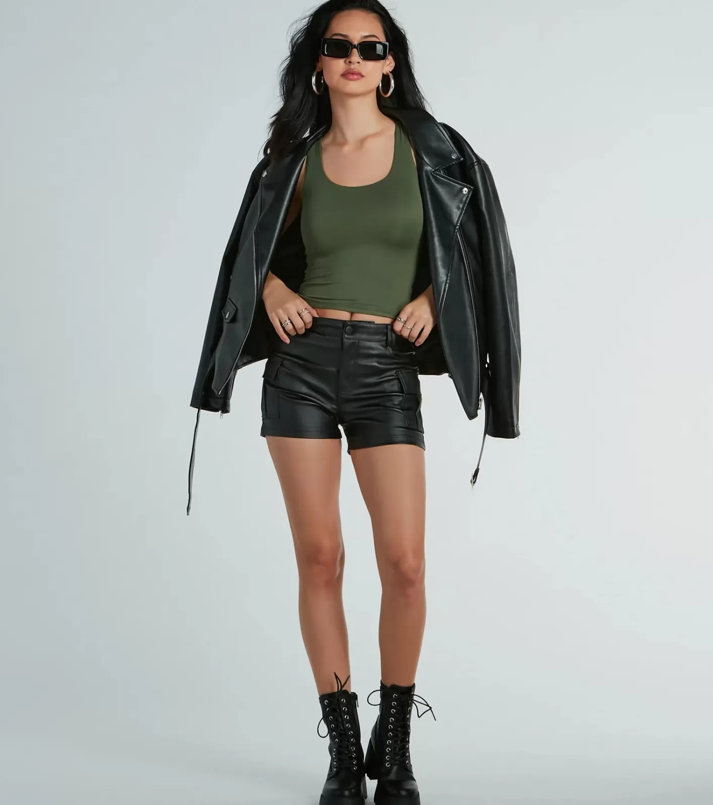 Windsor Turn Up Cargo Metallic Faux Leather Shorts BLACK Cheap