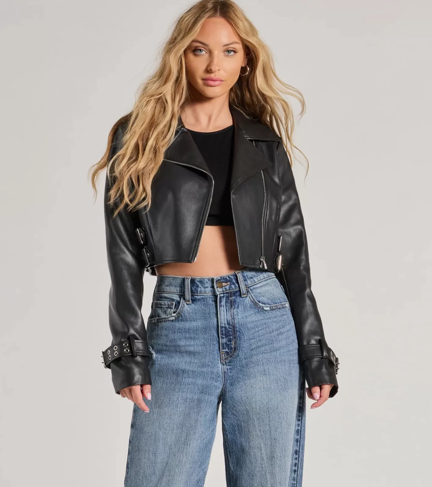 Windsor Untamed Chic Faux Leather Cropped Moto Jacket BLACK Shop