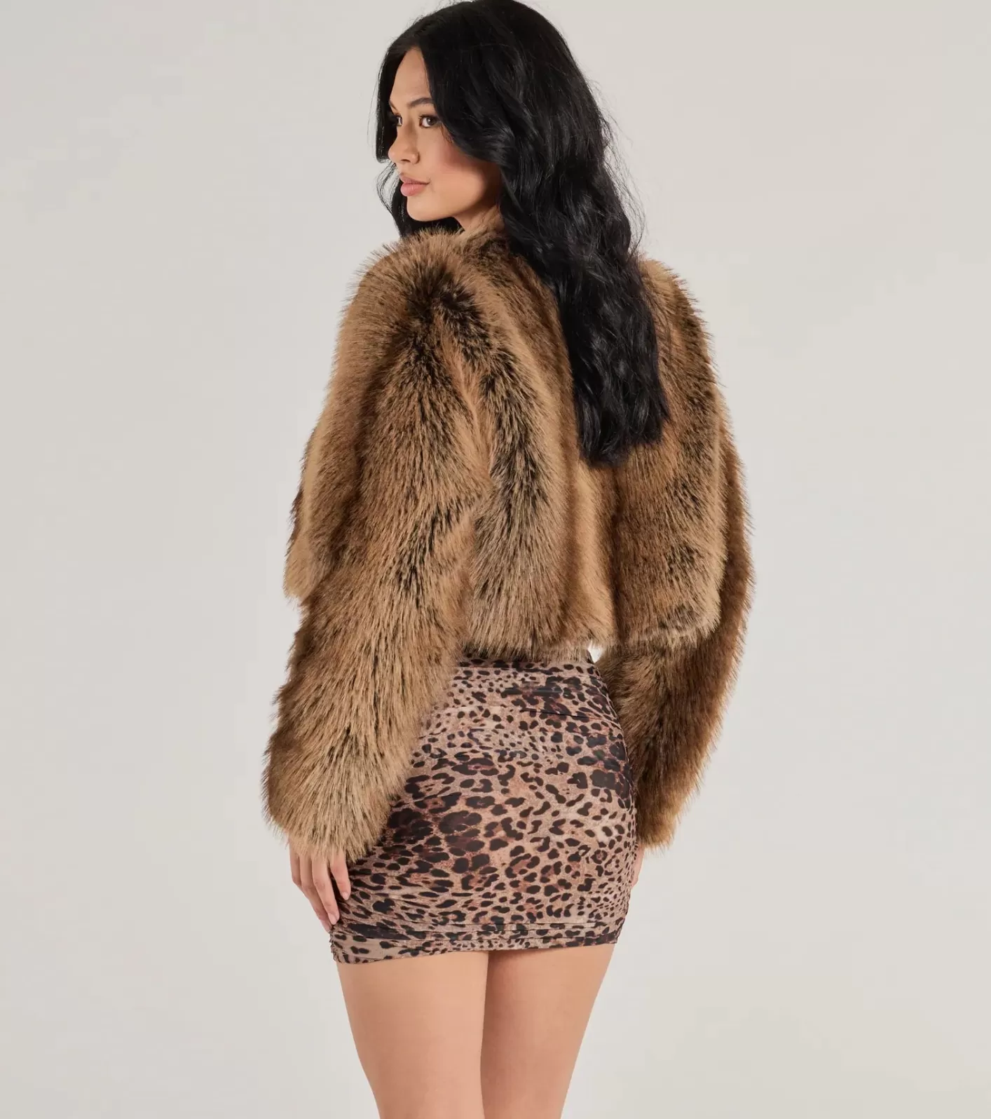 Windsor Untamed Luxe Cropped Faux Fur Jacket BROWN Clearance