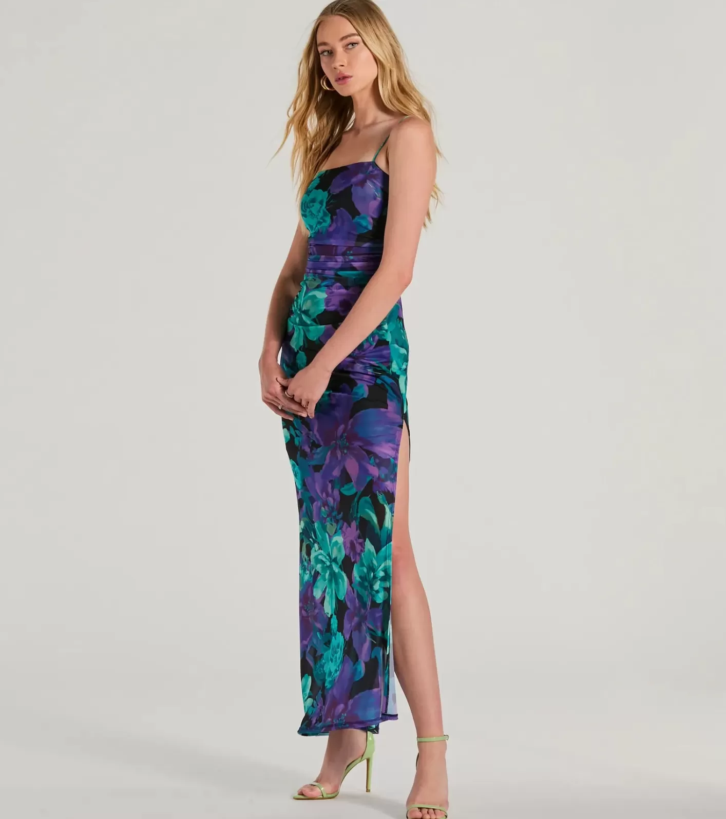 Windsor Vacay Mode Tropical Floral Mesh Maxi Dress BLUE New