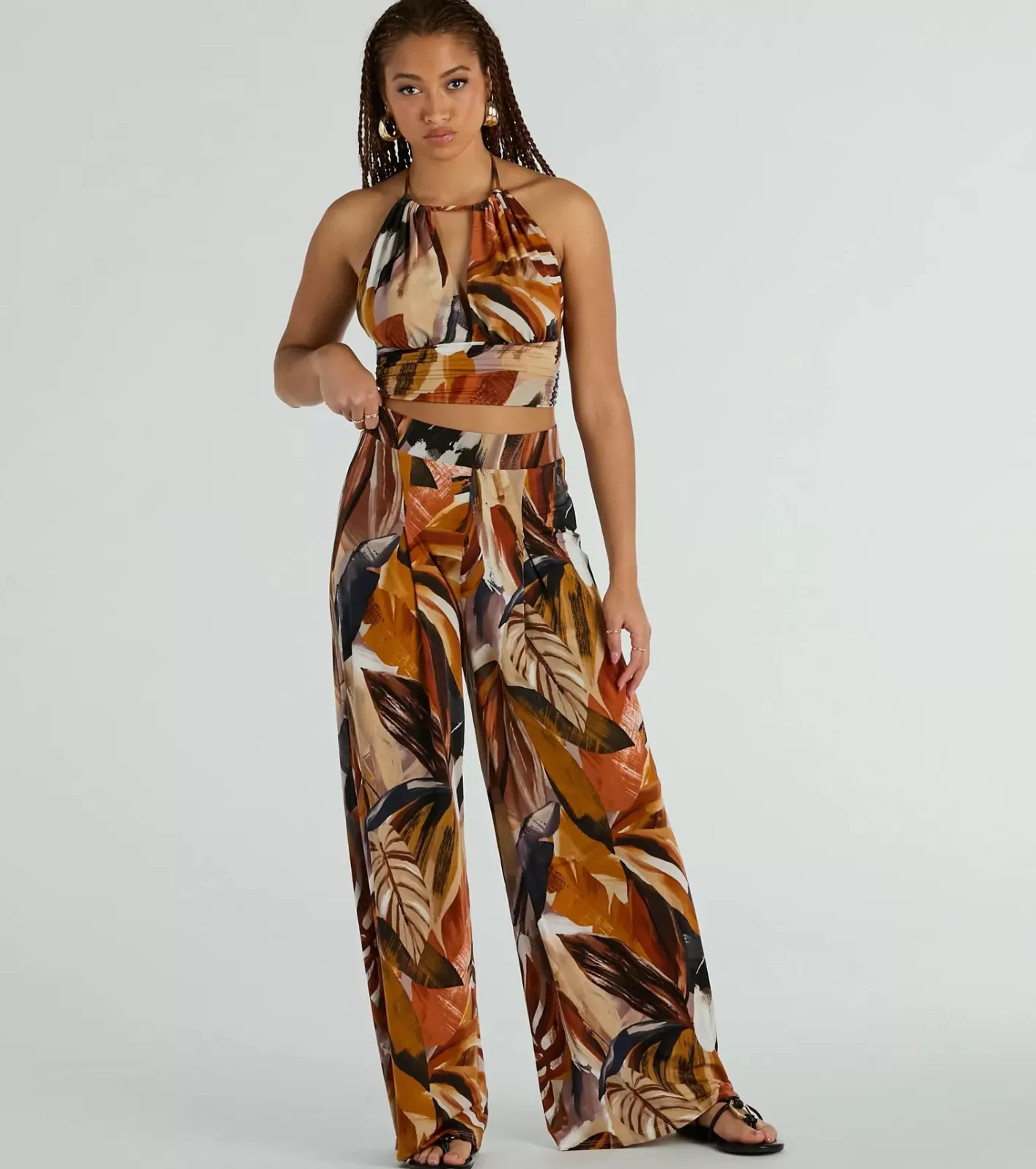 Windsor Vacay Ready Tropical Knit Wide-Leg Pants COGNAC Discount