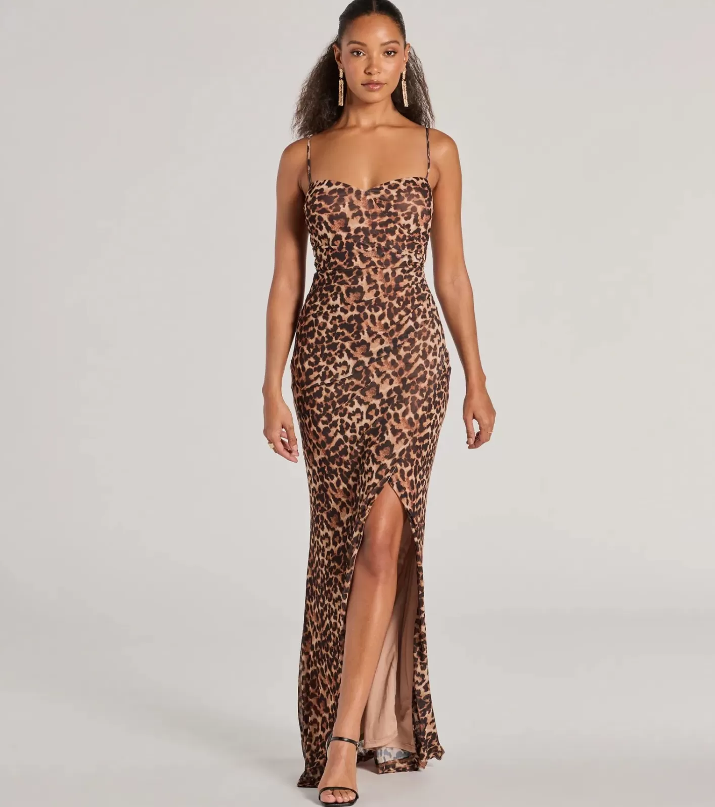 Windsor Velma Leopard Wrap Slit Mermaid Formal Dress BROWN Sale