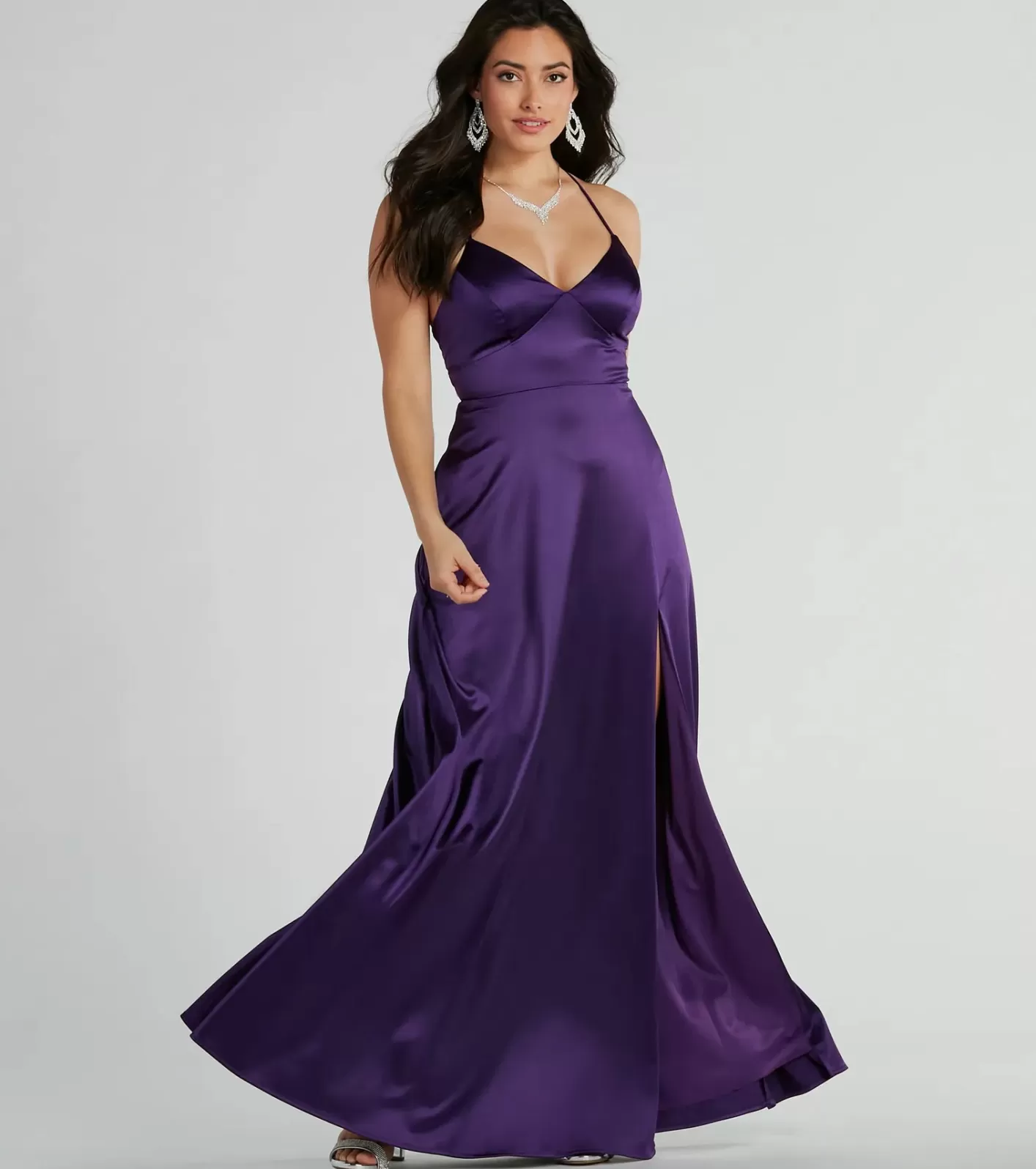 Windsor Vienna Lace-Up Satin A-Line Formal Dress PURPLE Clearance