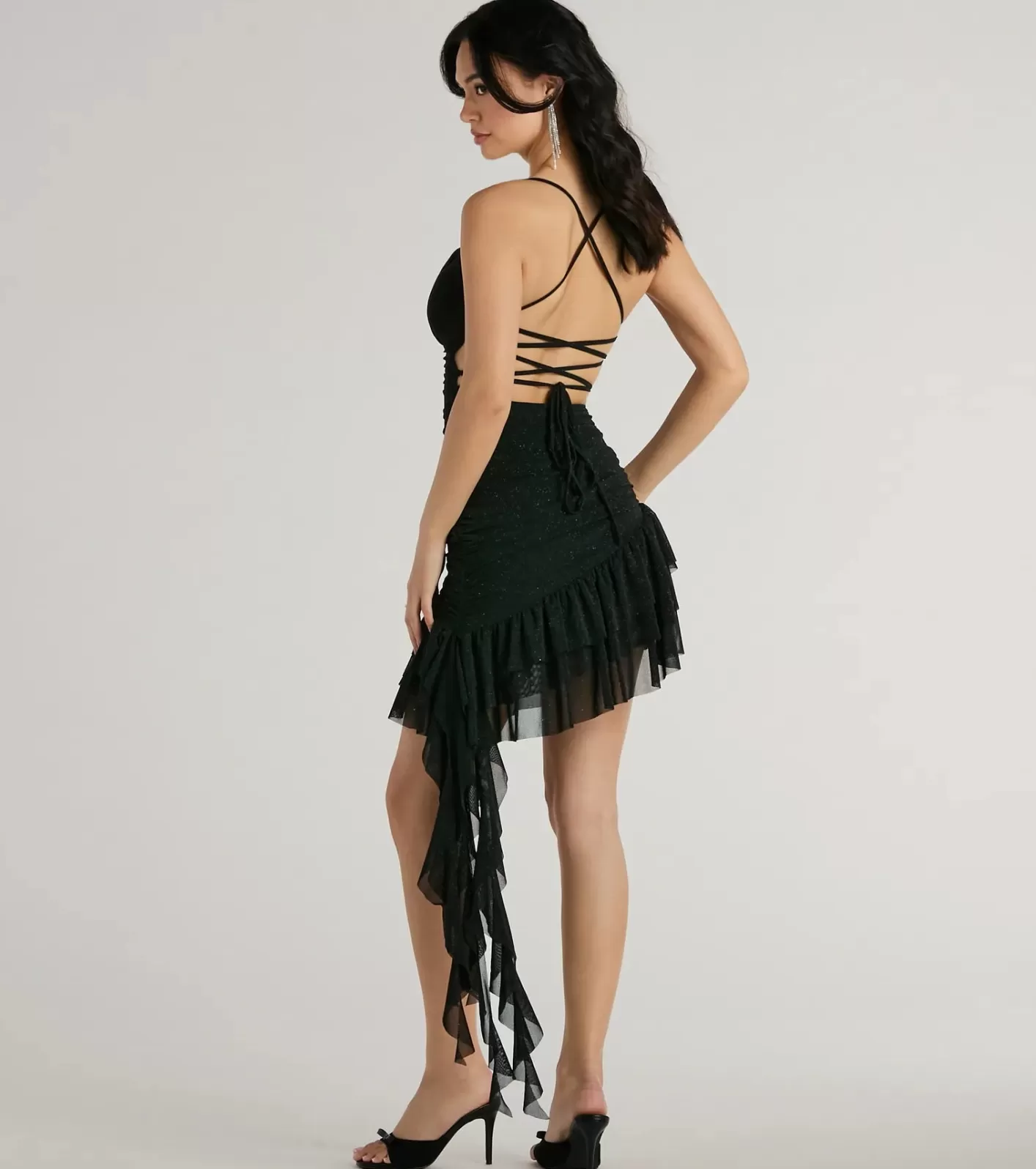 Windsor Violet Lace-Up Ruffle Glitter Mesh Party Dress BLACK Outlet