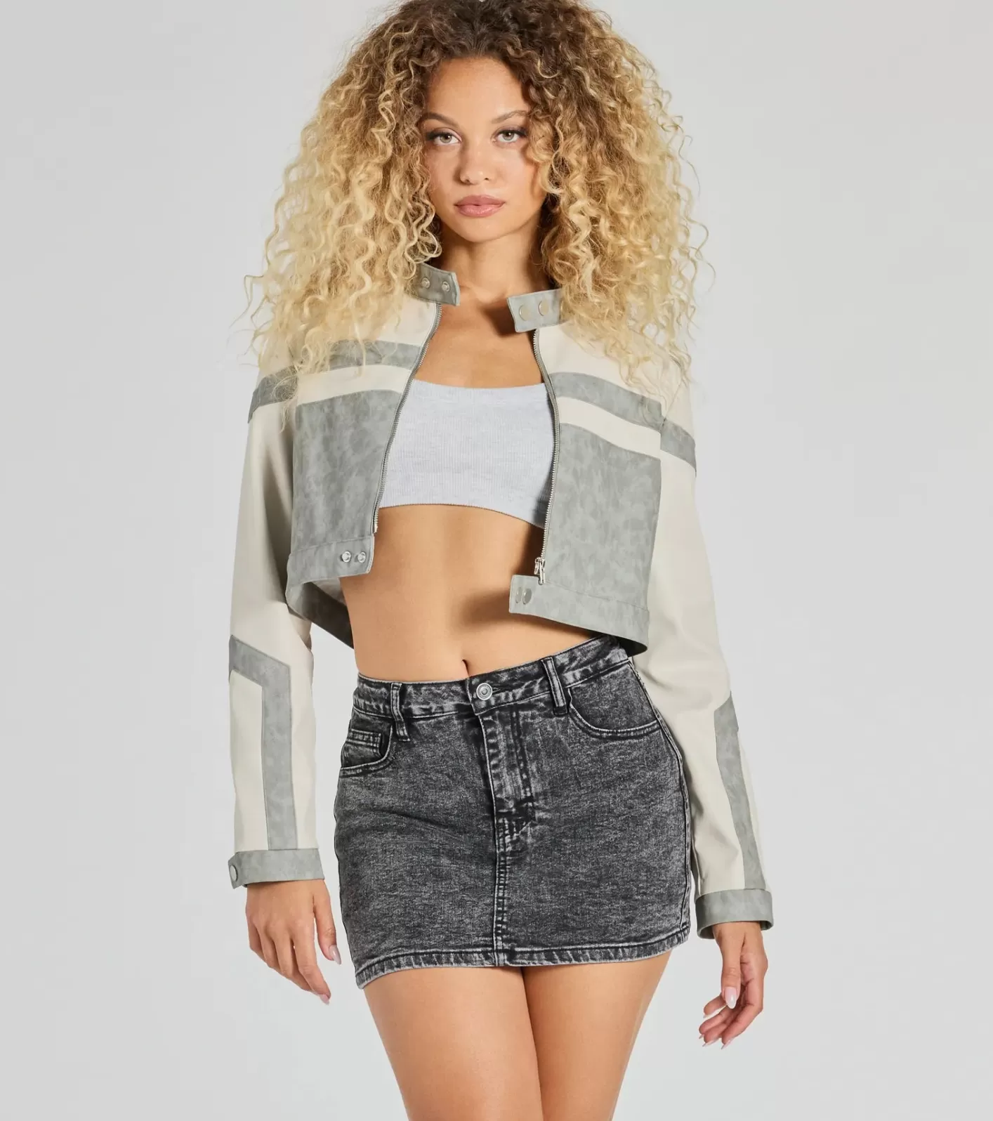 Windsor Walking The City Moto Striped Crop Jacket HEATHERGRAY Online
