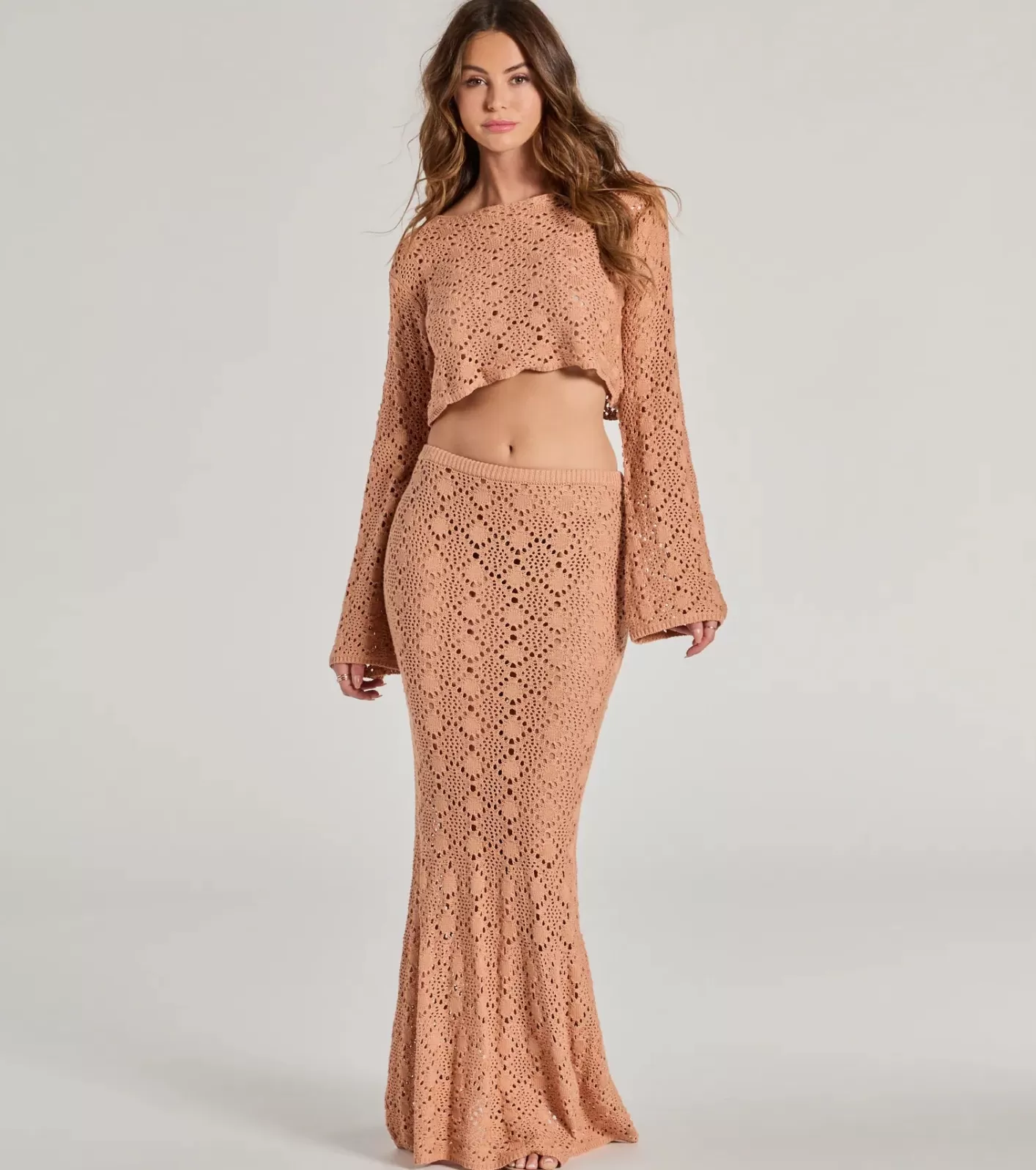 Windsor Weekend Mood Crochet Maxi Skirt BROWN Sale