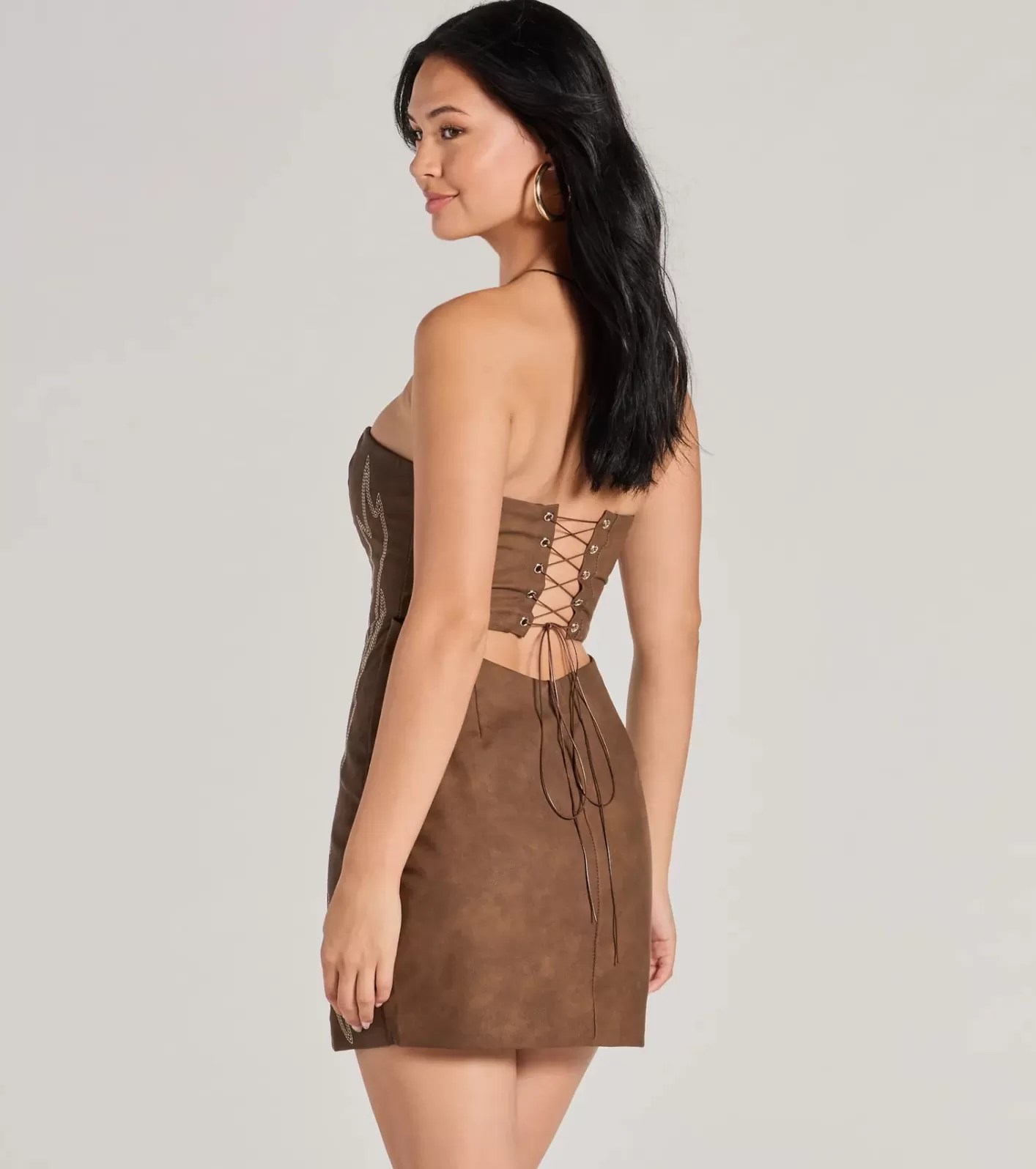 Windsor Western Baddie Strapless Lace-Up Mini Dress BROWN Fashion