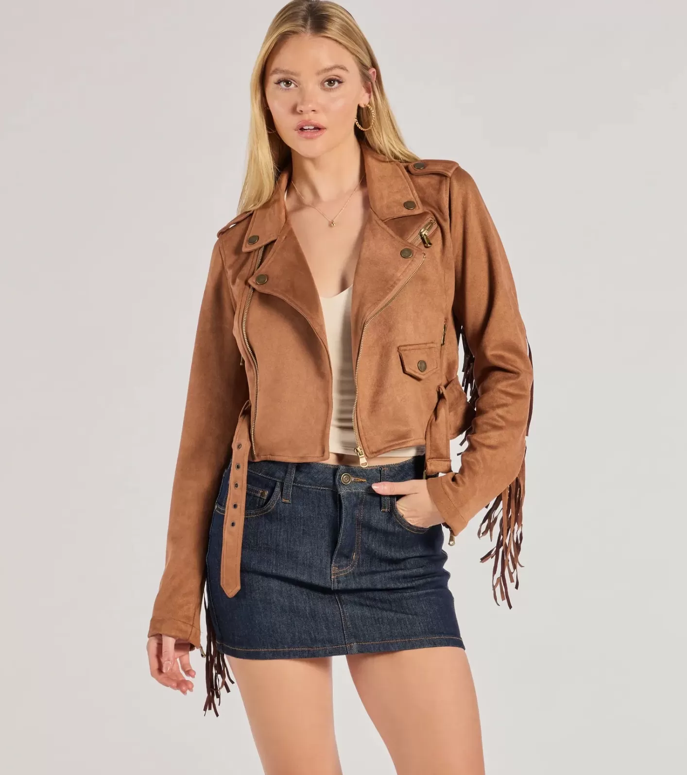 Windsor Western Chic Flair Faux Suede Fringe Moto Jacket CAMEL Shop