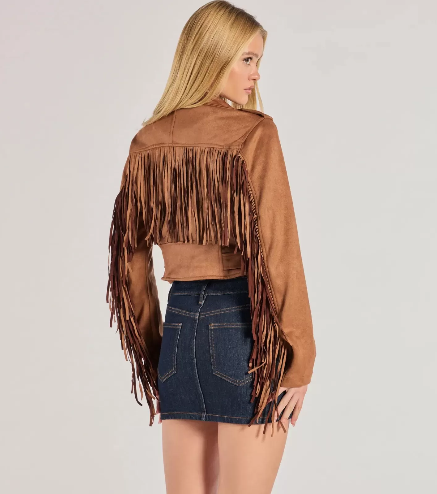 Windsor Western Chic Flair Faux Suede Fringe Moto Jacket CAMEL Shop