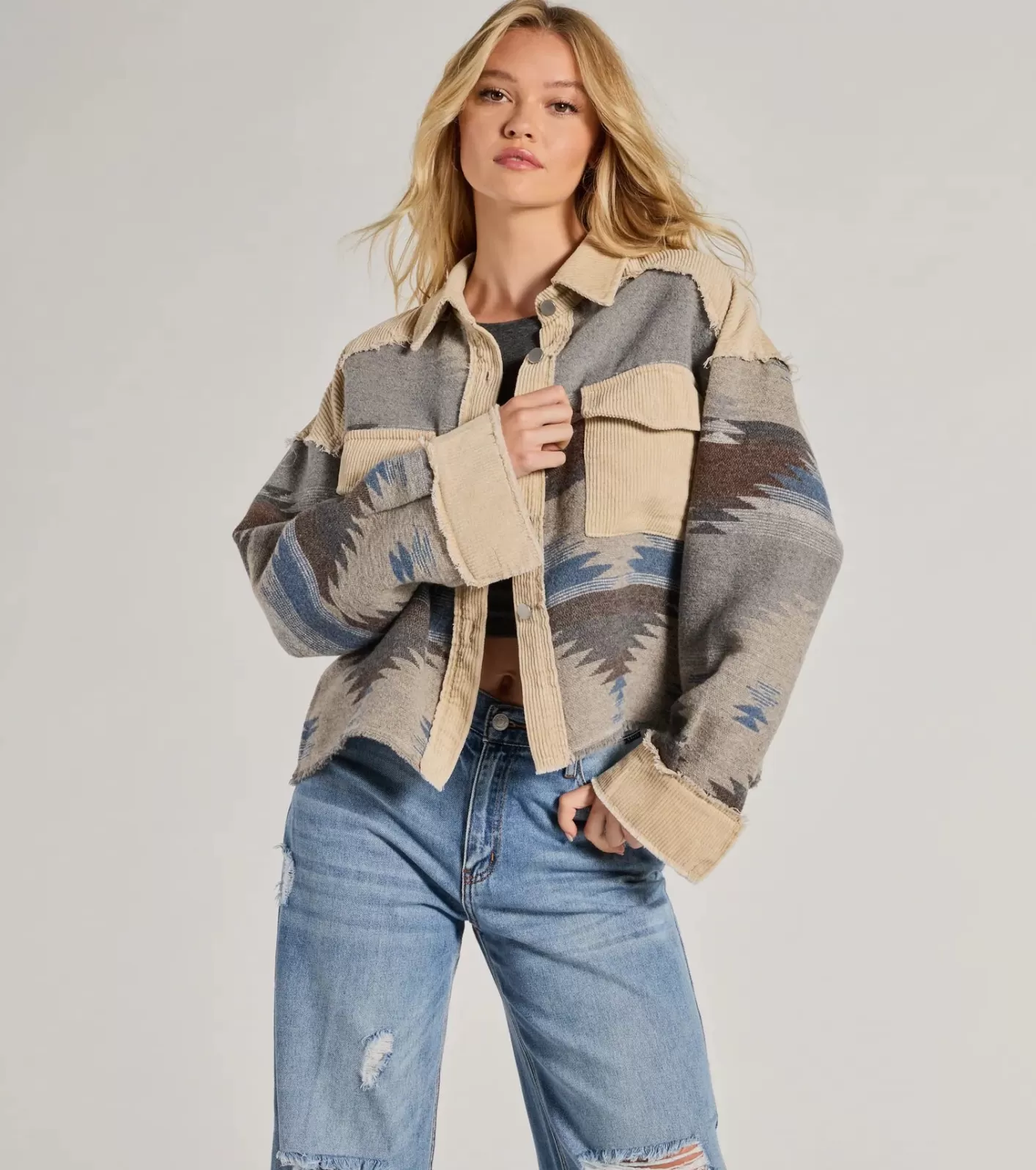 Windsor Western Trend Corduroy Trim Woven Shacket TAUPE Online