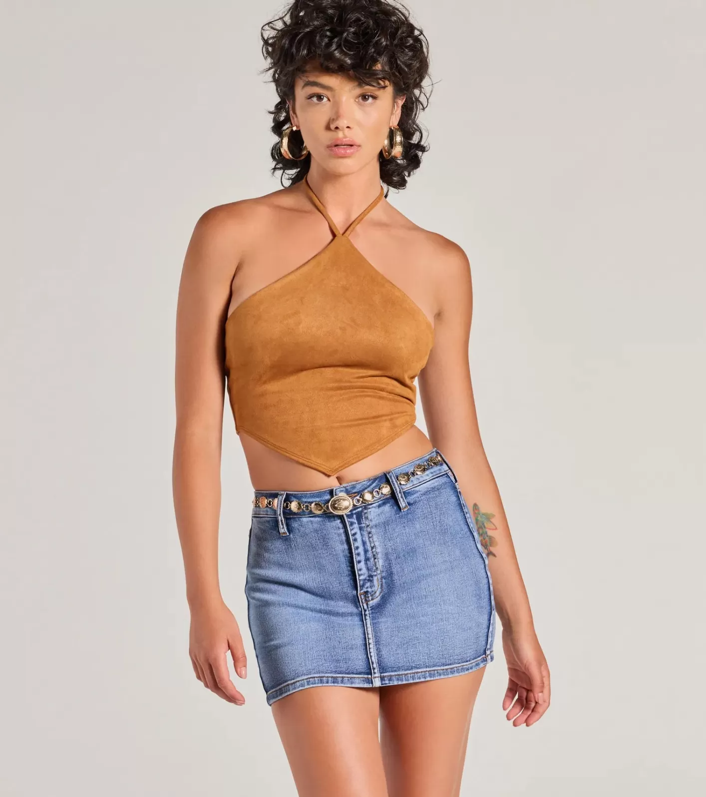 Windsor Western Trend Hanky Hem Halter Crop Top CAMEL Discount
