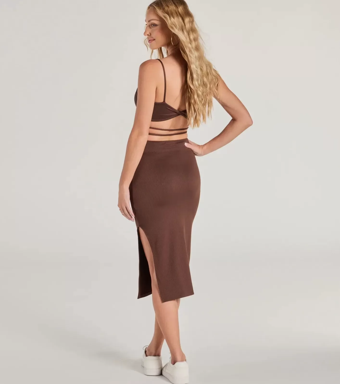 Windsor What You Want Strappy Cutout Slit Midi Dress BROWN Fashion