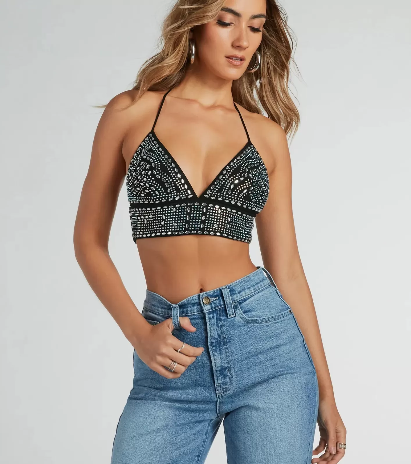 Windsor When The Party Calls Rhinestone Halter Crop Top BLACK Outlet