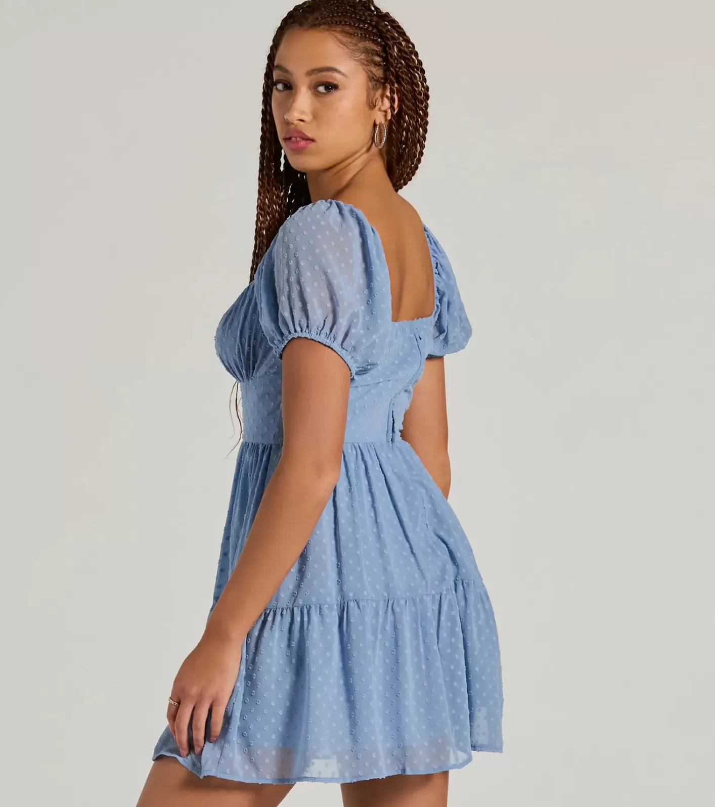 Windsor Whimsical Appeal Puff Sleeve Chiffon Skater Dress BLUE Sale