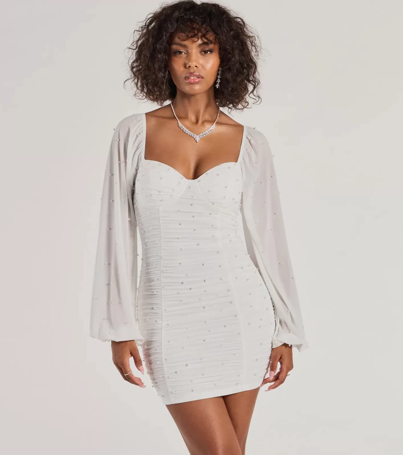 Windsor Whitley Pearl Mesh Long Sleeve Mini Dress WHITE Online