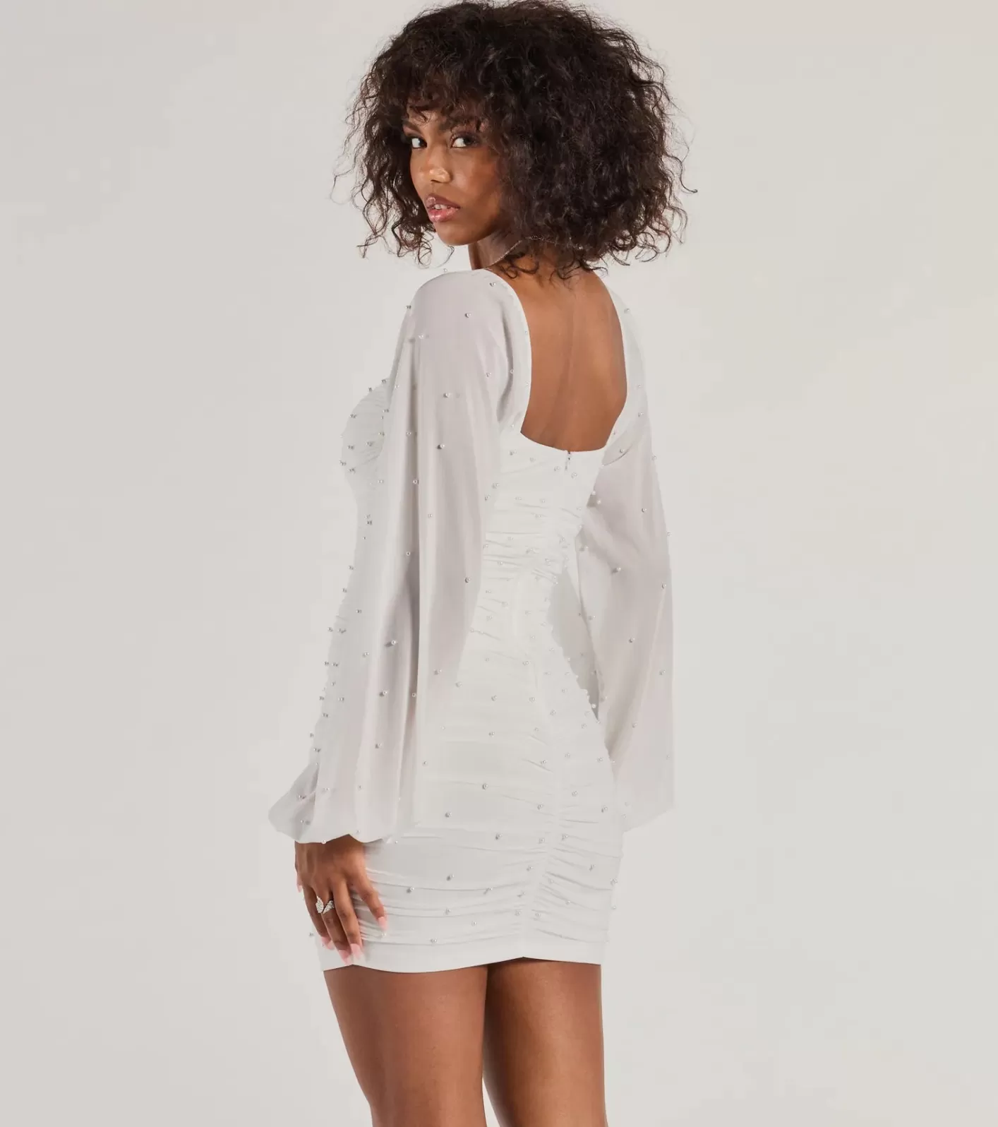 Windsor Whitley Pearl Mesh Long Sleeve Mini Dress WHITE Online