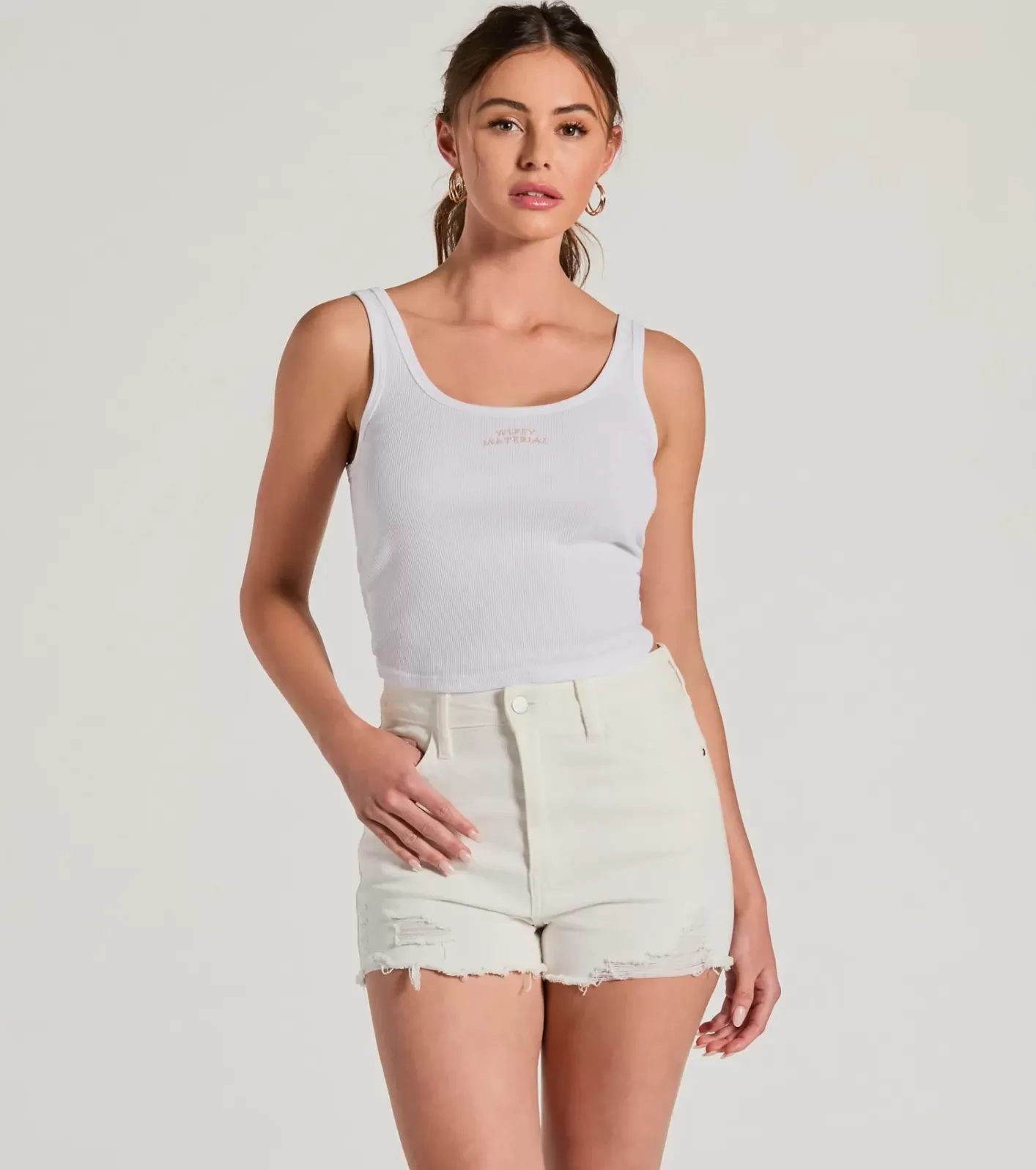 Windsor Wifey Material Scoop Neck Tank Crop Top WHITE Clearance