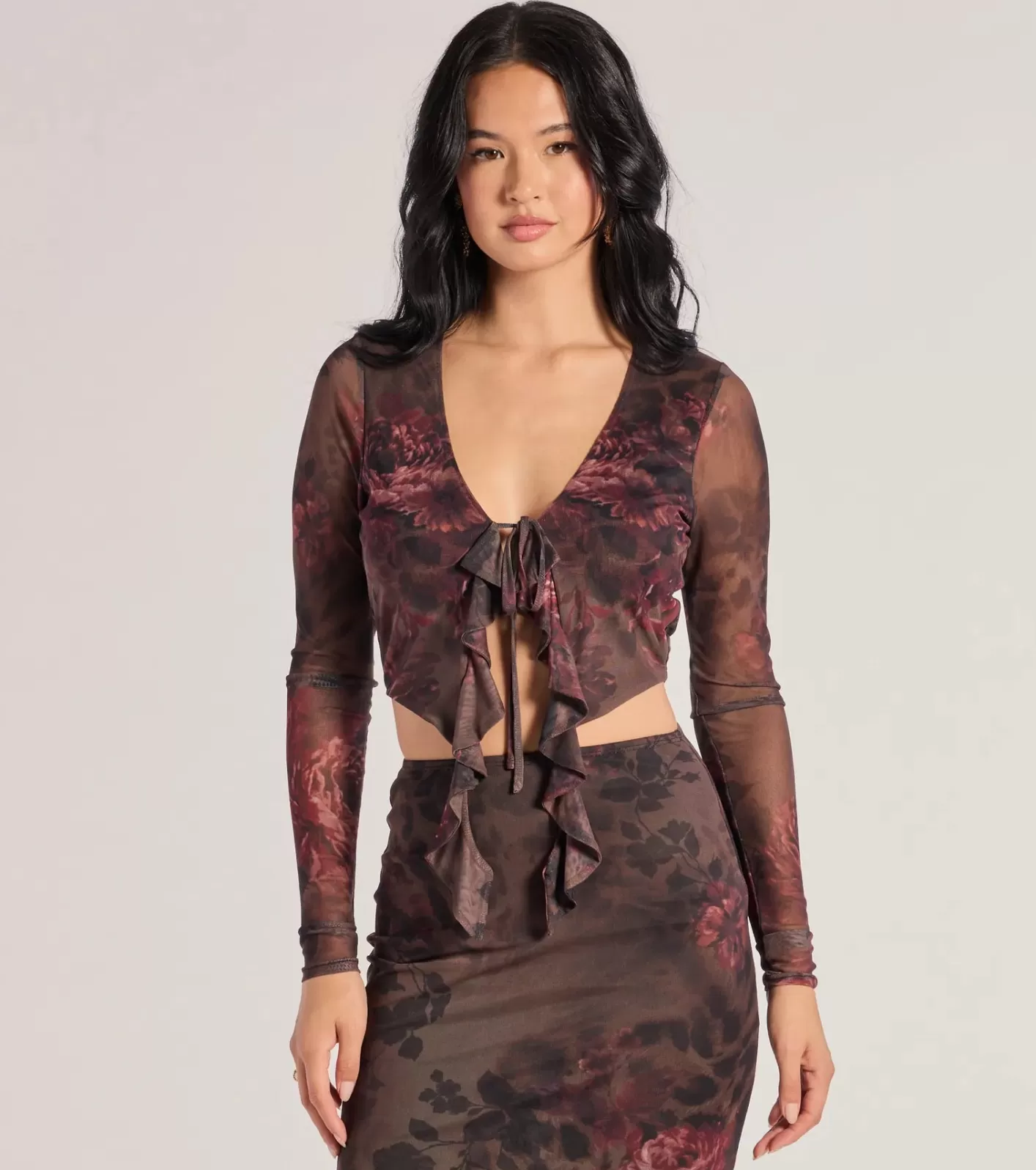 Windsor Wild Blossom Abstract Print Tie-Front Crop Top BROWN Flash Sale
