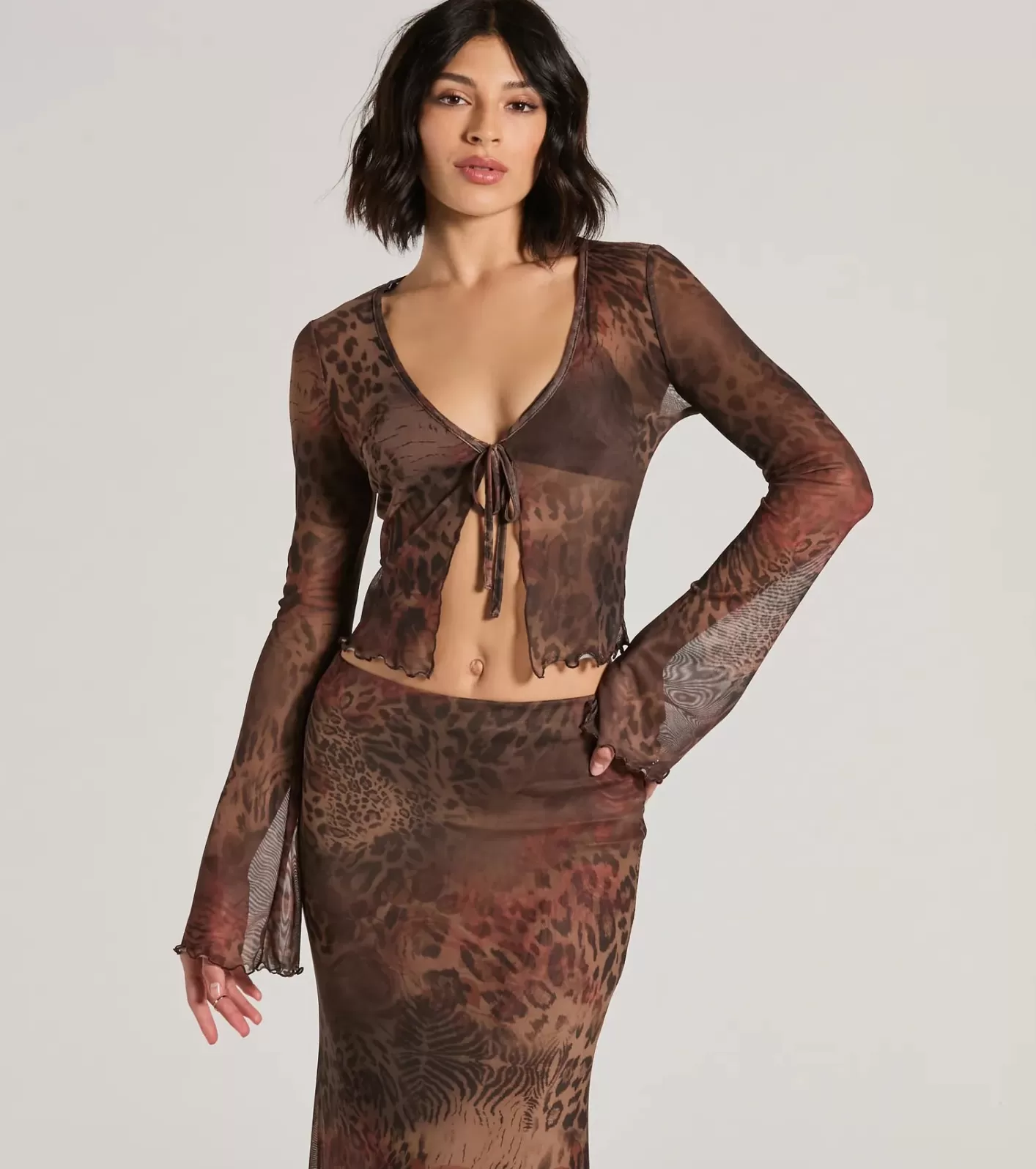 Windsor Wildly Sultry Tie-Front Leopard Rose Mesh Crop Top BROWN Store