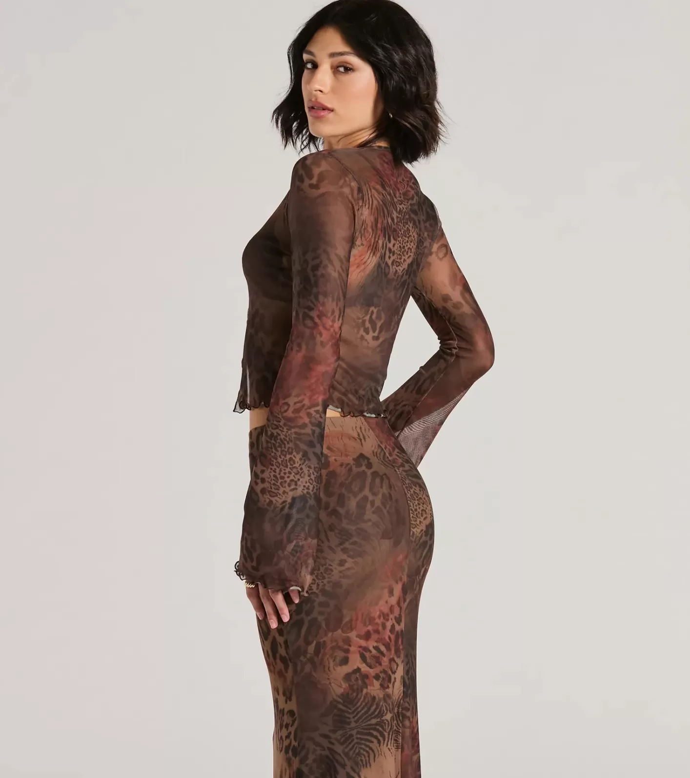 Windsor Wildly Sultry Tie-Front Leopard Rose Mesh Crop Top BROWN Store