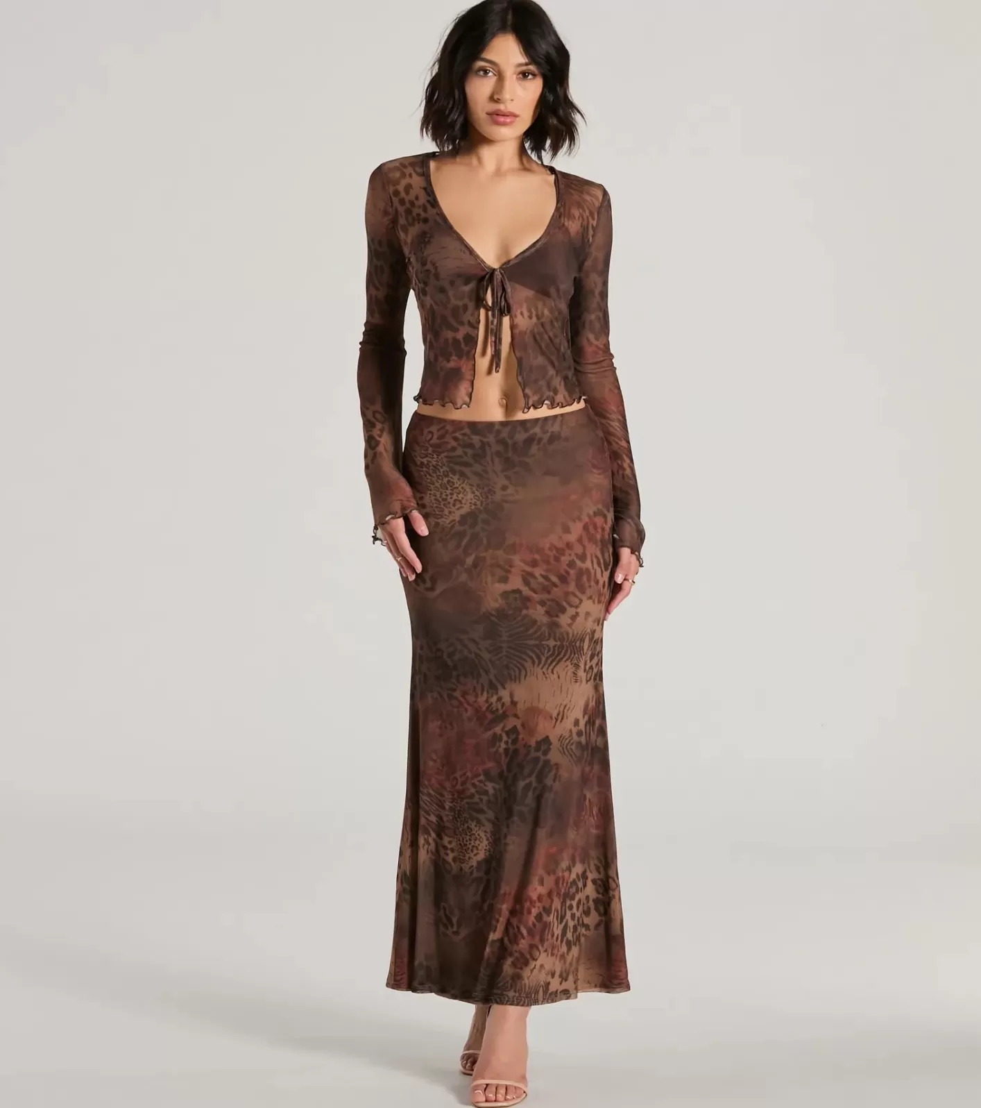 Windsor Wildy Sultry High Rise Leopard Floral Maxi Skirt BROWN Clearance