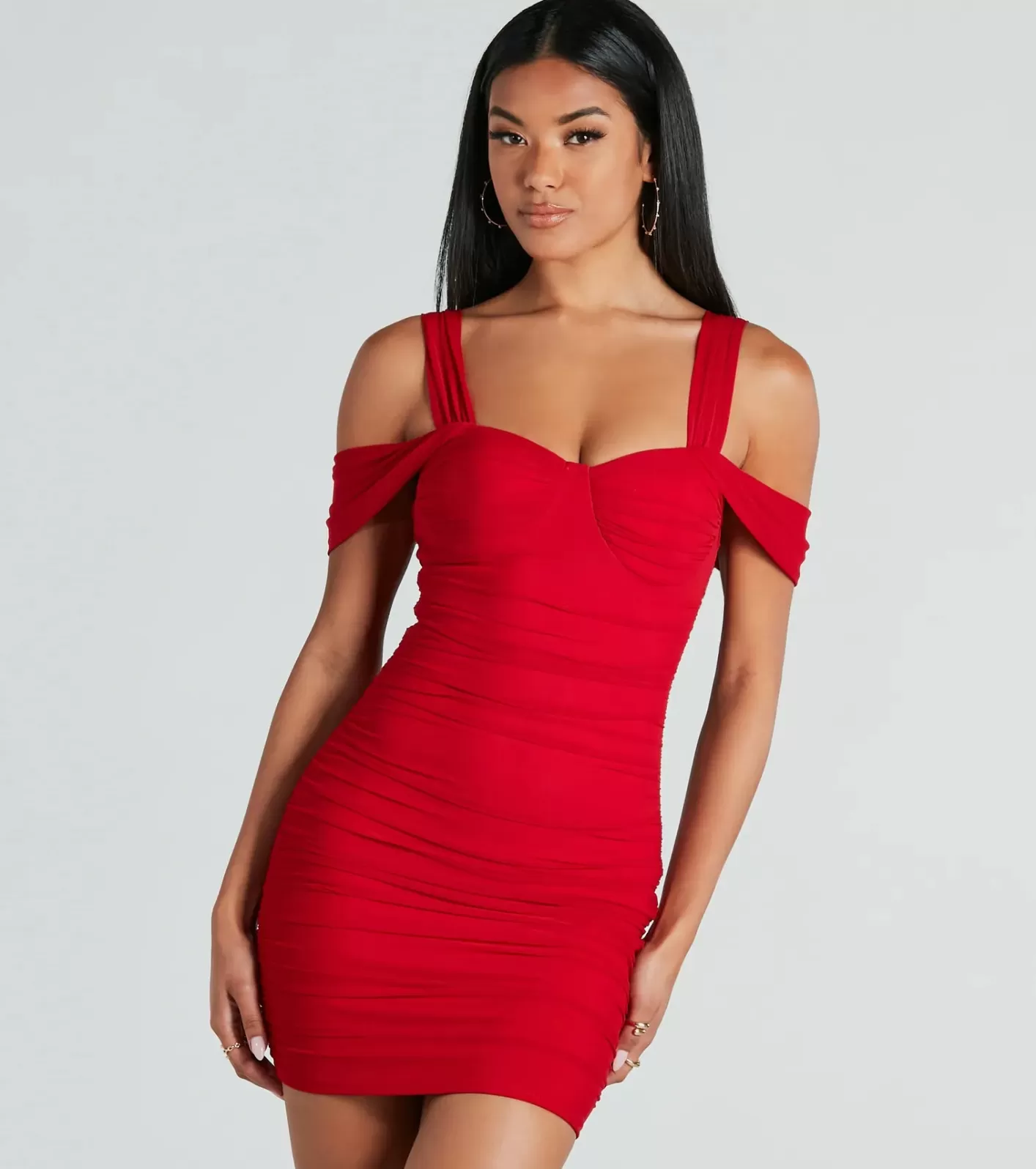 Windsor Winning Style Mesh Ruched Mini Dress RED Best