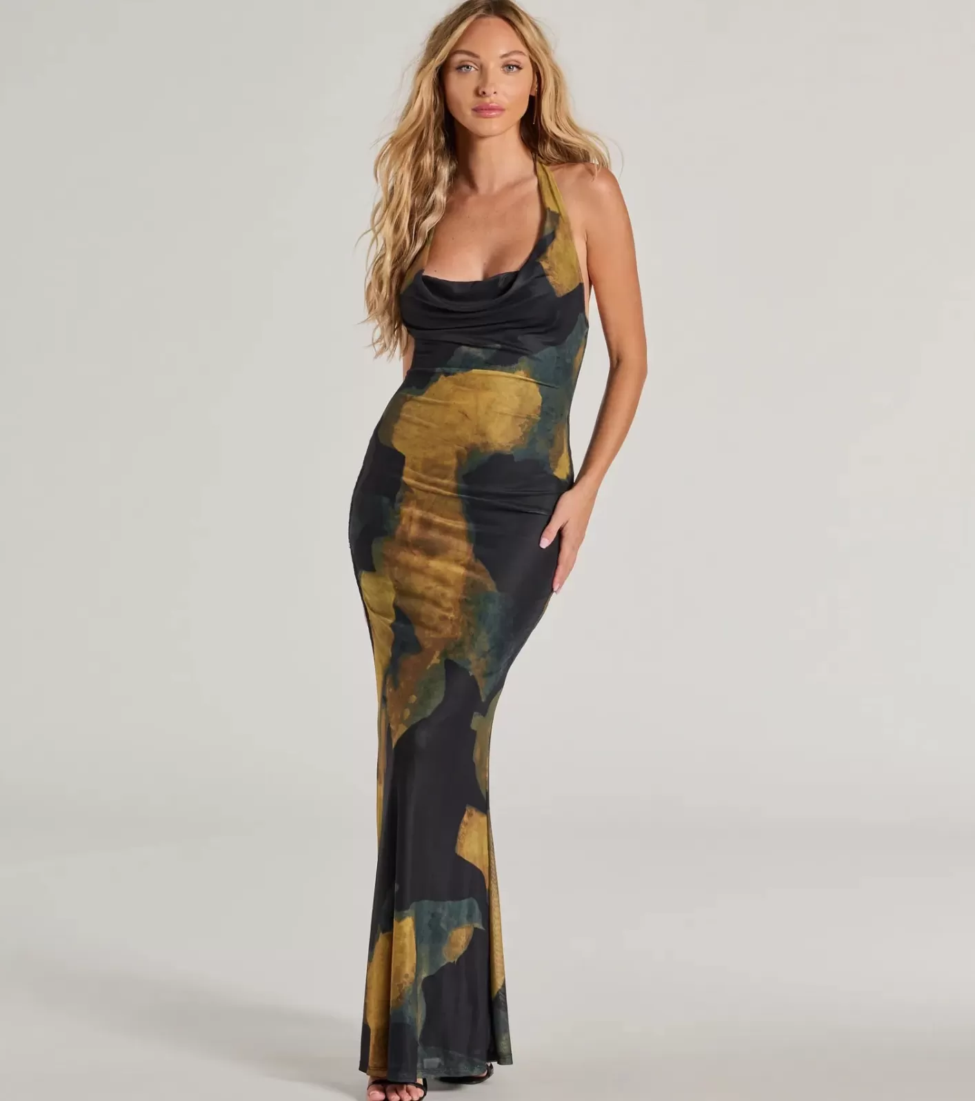 Windsor Work Of Art Abstract Marble Print Maxi Dress BLACK Best Sale