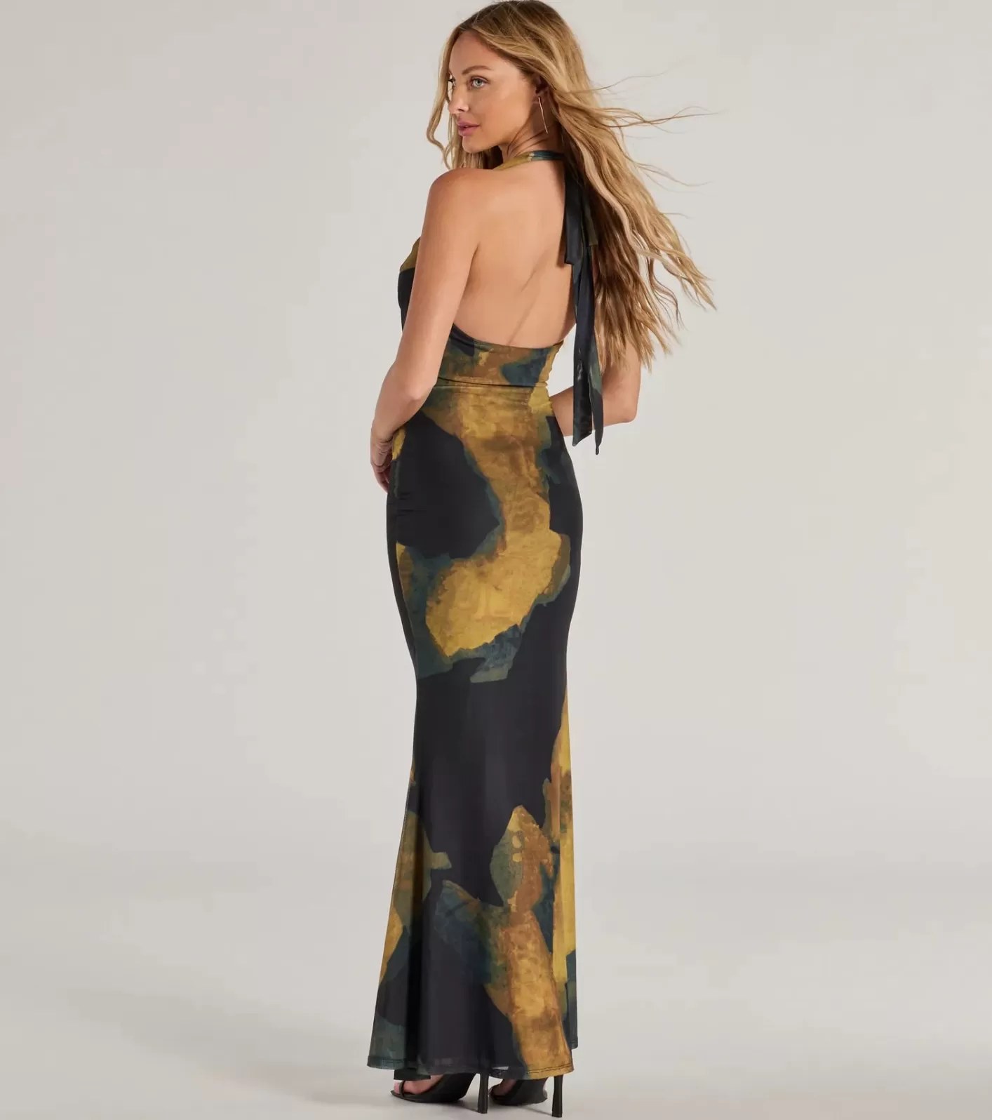 Windsor Work Of Art Abstract Marble Print Maxi Dress BLACK Best Sale