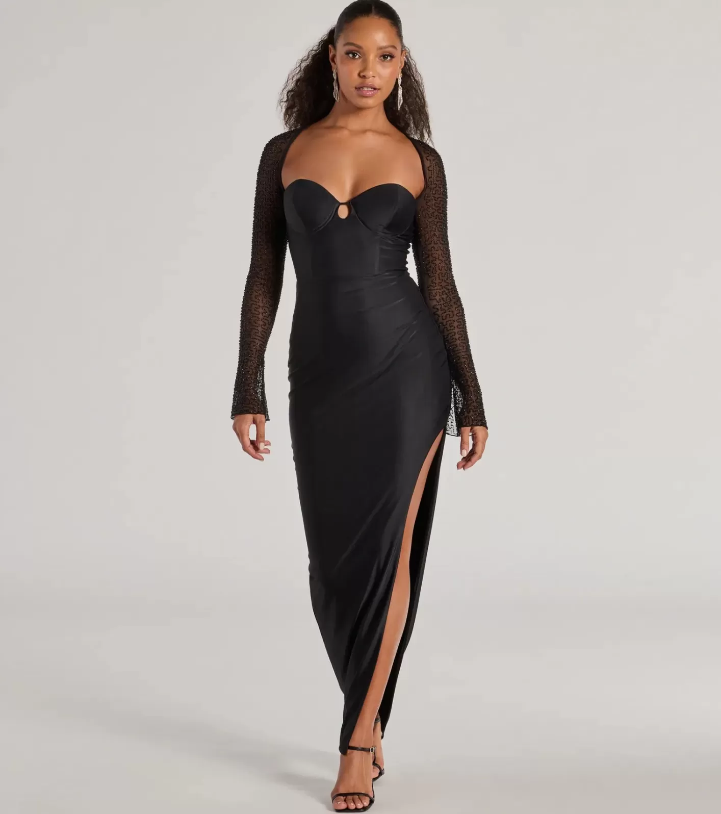 Windsor Wren Long Sleeve Beaded High Slit Long Dress BLACK Cheap