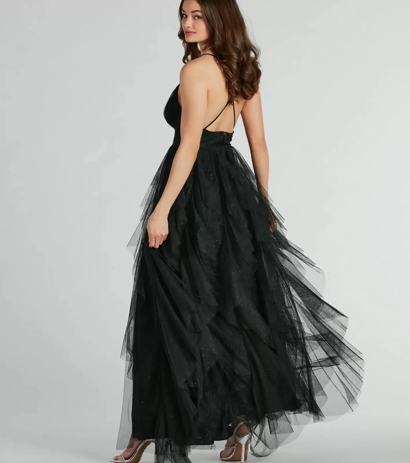 Windsor Wynonna V-Neck A-Line Ruffle Glitter Formal Dress BLACK Outlet