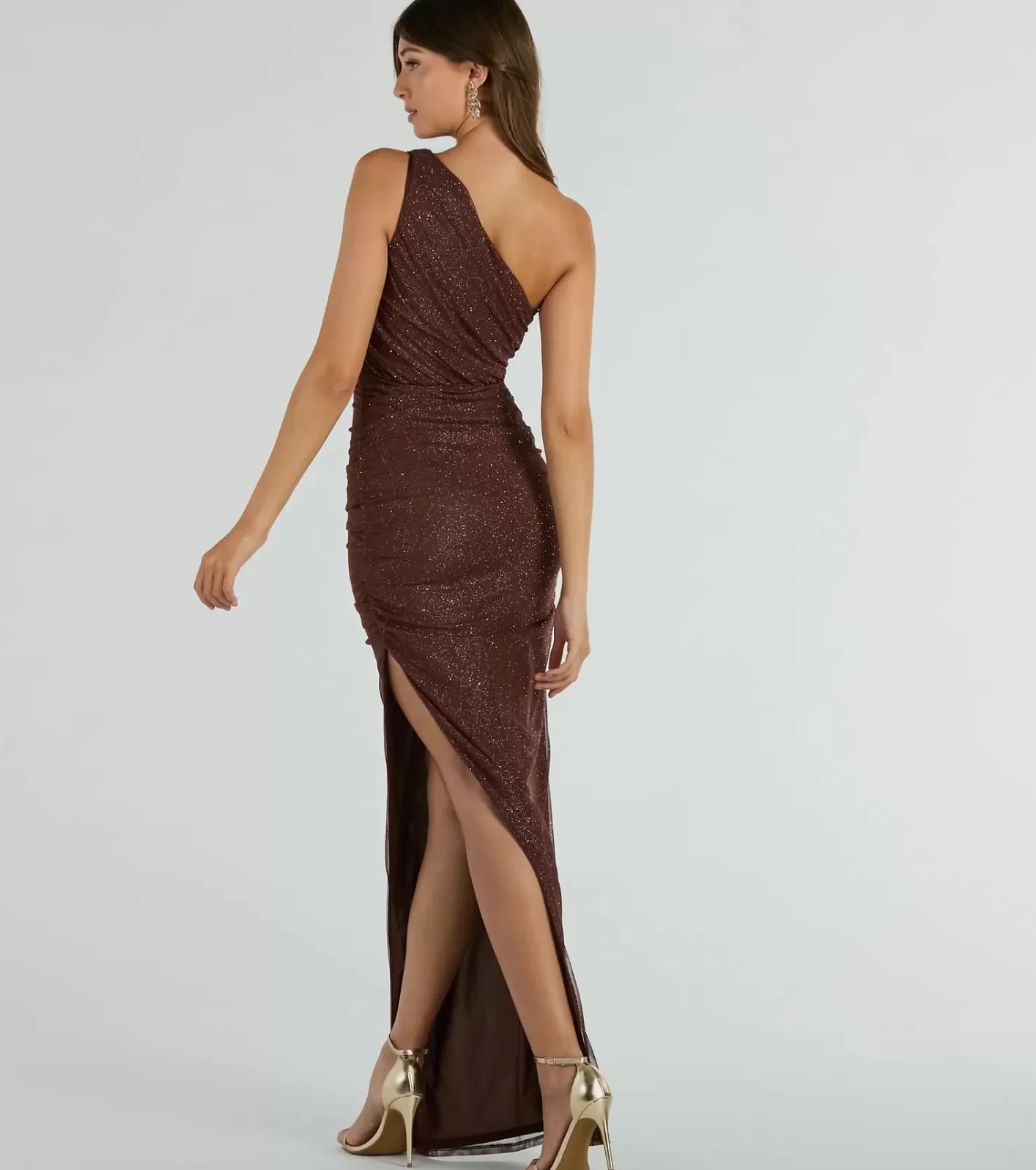 Windsor Yara One-Shoulder High Slit Glitter Mesh Formal Dress BROWN Discount