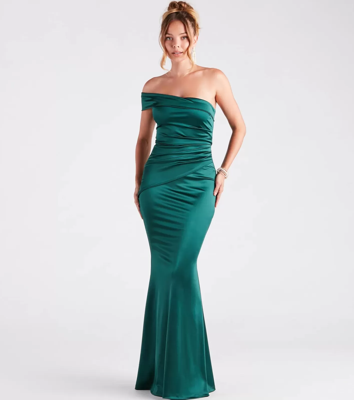 Windsor Zoey Formal One-Shoulder Satin Mermaid Dress HUNTER Clearance