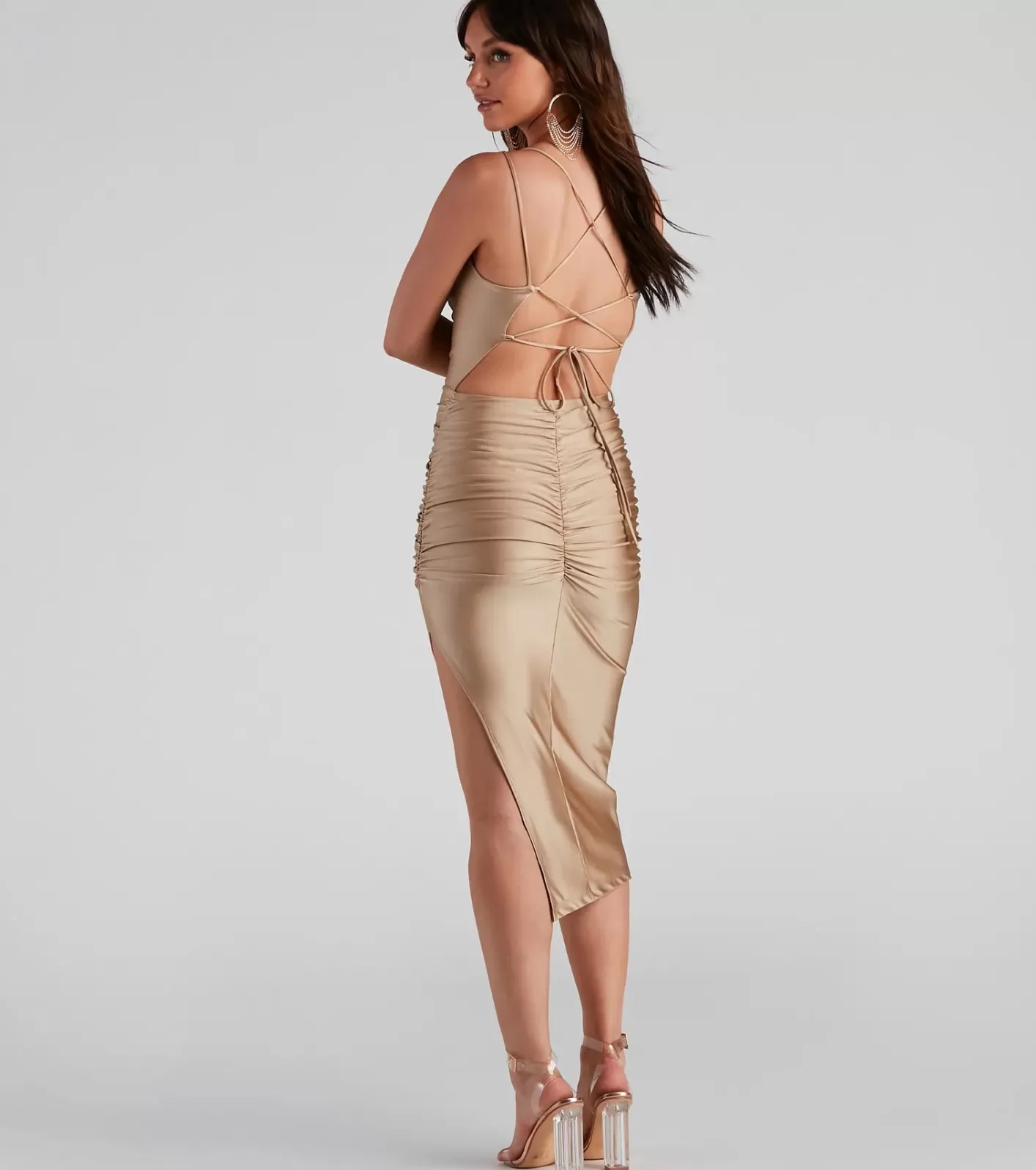Windsor Zooey Formal Satin Lace-Up Midi Dress GOLD Best Sale
